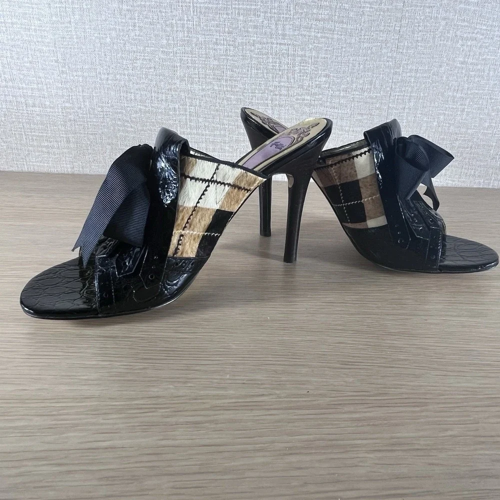Hale Bob Pony Hair Plaid Patent Leather Mule Heels Bow Peep Toe 10 CityCore - Picture 11 of 14
